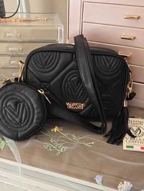 Authentic Valentino Orlandi Black And Gold Quilted Crossbody with Coin Pouch